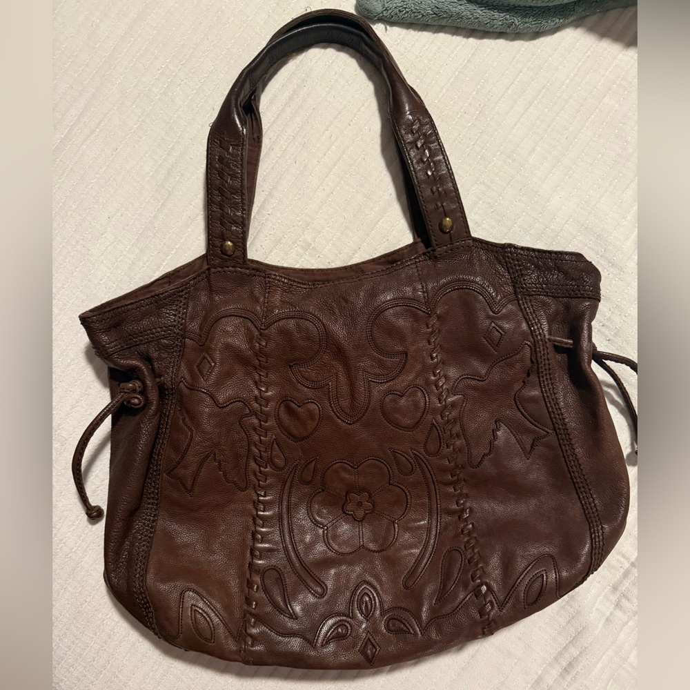 Lucky Brand Leather Boho Tote bag • Vintage Embossed • Rare